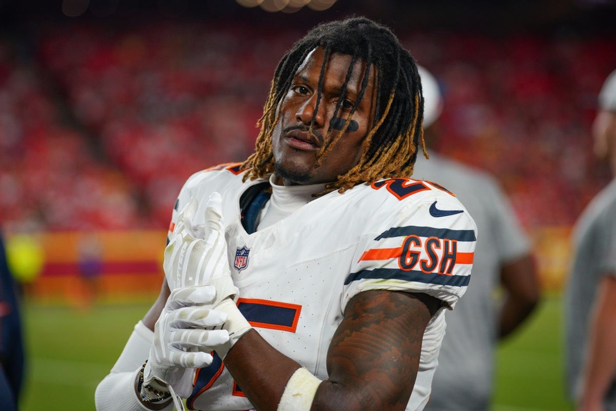 Aug 22, 2024; Kansas City, Missouri, USA; Chicago Bears safety Adrian Colbert (25) on the sidelines against the Kansas City Chiefs during the game at GEHA Field at Arrowhead Stadium. Mandatory Credit: Denny Medley-Imagn Images