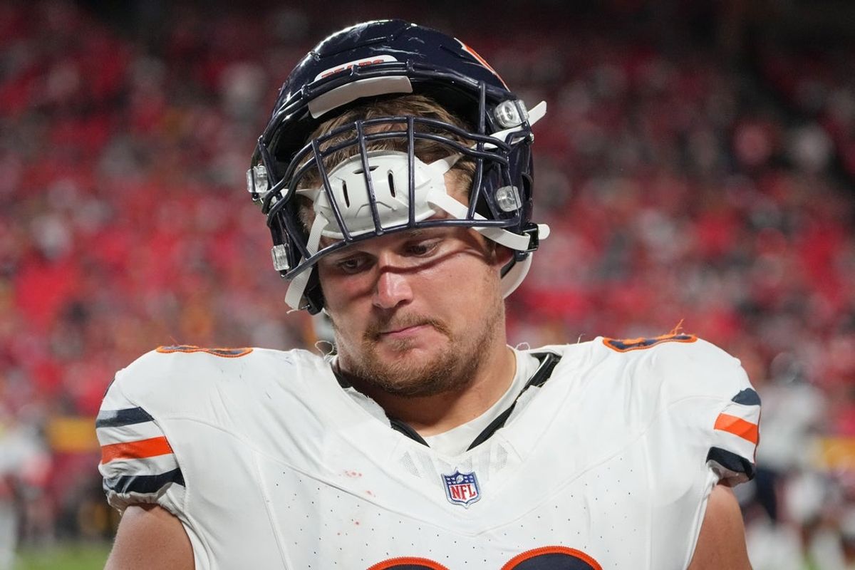 Aug 22, 2024; Kansas City, Missouri, USA; Chicago Bears center Doug Kramer Jr. (68) on the sidelines against the Kansas City Chiefs during the game at GEHA Field at Arrowhead Stadium. Mandatory Credit: Denny Medley-Imagn Images
