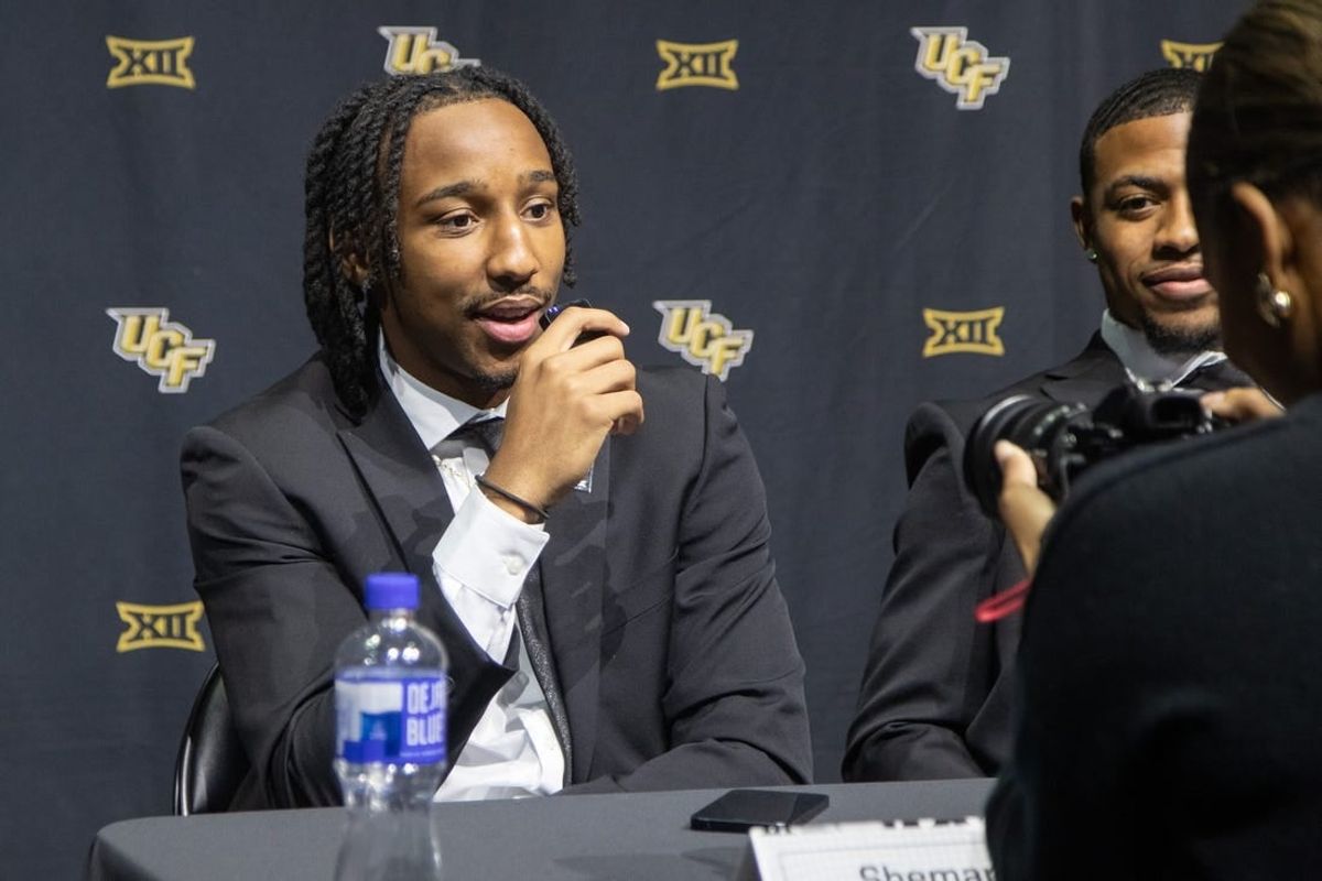 Oct 18, Kansas City, MO, USA; University of Central Florida player Shemarri Allen answers questions at the Big 12 Men s Basketball Tipoff at T-Mobile Center.
