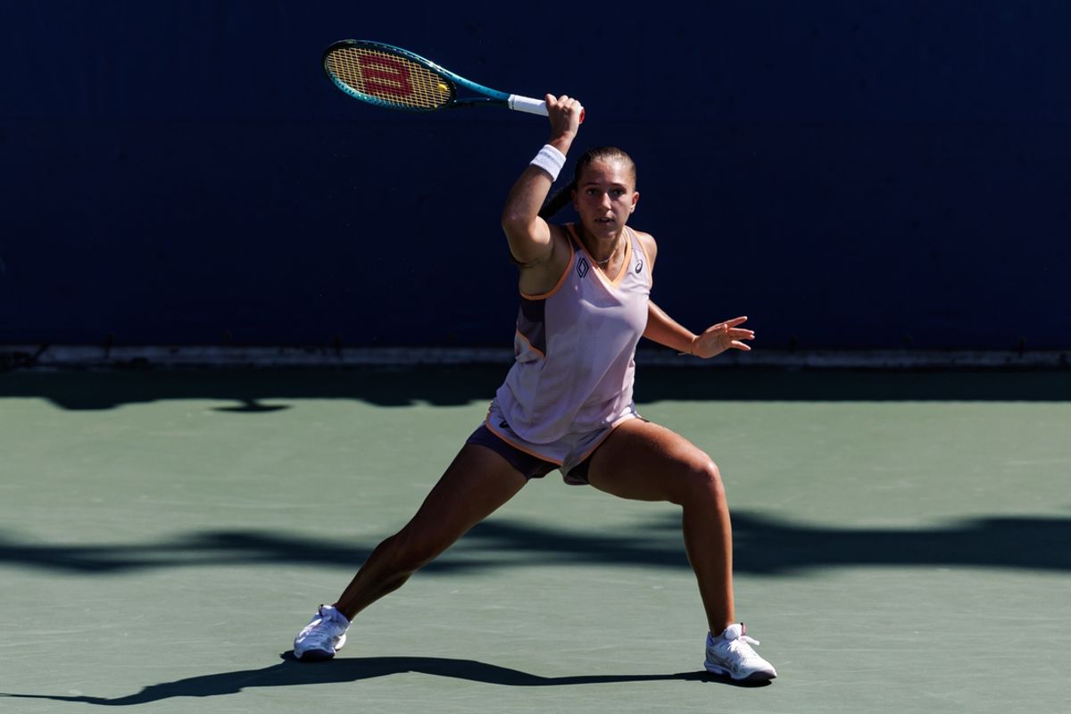 Aug 28, 2024; Flushing, NY, USA; Diane Parry of France in action against Yafan Wang of China on day three of the 2024 U.S. Open tennis tournament at the USTA Billie Jean King National Tennis Center. Mandatory Credit: Mike Frey-Imagn Images