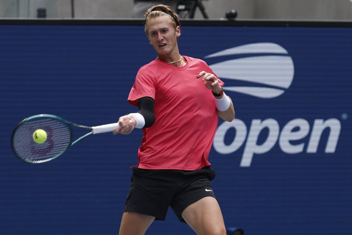 Aug 29, 2024; Flushing, NY, USA; Sebastian Korda (USA) hits a forehand against Tomas Machac (CZE)(not pictured) in a men's singles match on day four of the 2024 U.S. Open tennis tournament at Billie Jean King National Tennis Center. Mandatory Credit: Geoff Burke-Imagn Images