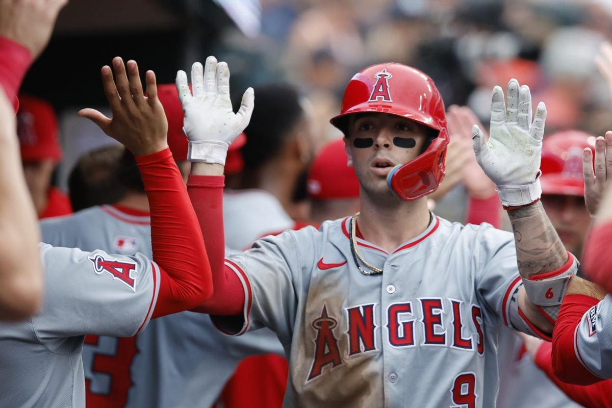 Aug 29, 2024; Detroit, Michigan, USA;  Los Angeles Angels shortstop Zach Neto (9) receives congratulations from teammates after he hits a two run home run in the fifth inning against the Detroit Tigers at Comerica Park. Mandatory Credit: Rick Osentoski-USA TODAY Sports