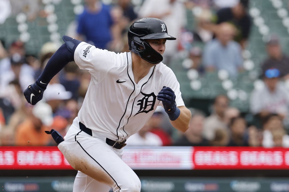 Aug 29, 2024; Detroit, Michigan, USA;  Detroit Tigers shortstop Trey Sweeney (27) run to first after he hits a single in the seventh inning against the Los Angeles Angels at Comerica Park. Mandatory Credit: Rick Osentoski-Imagn Images