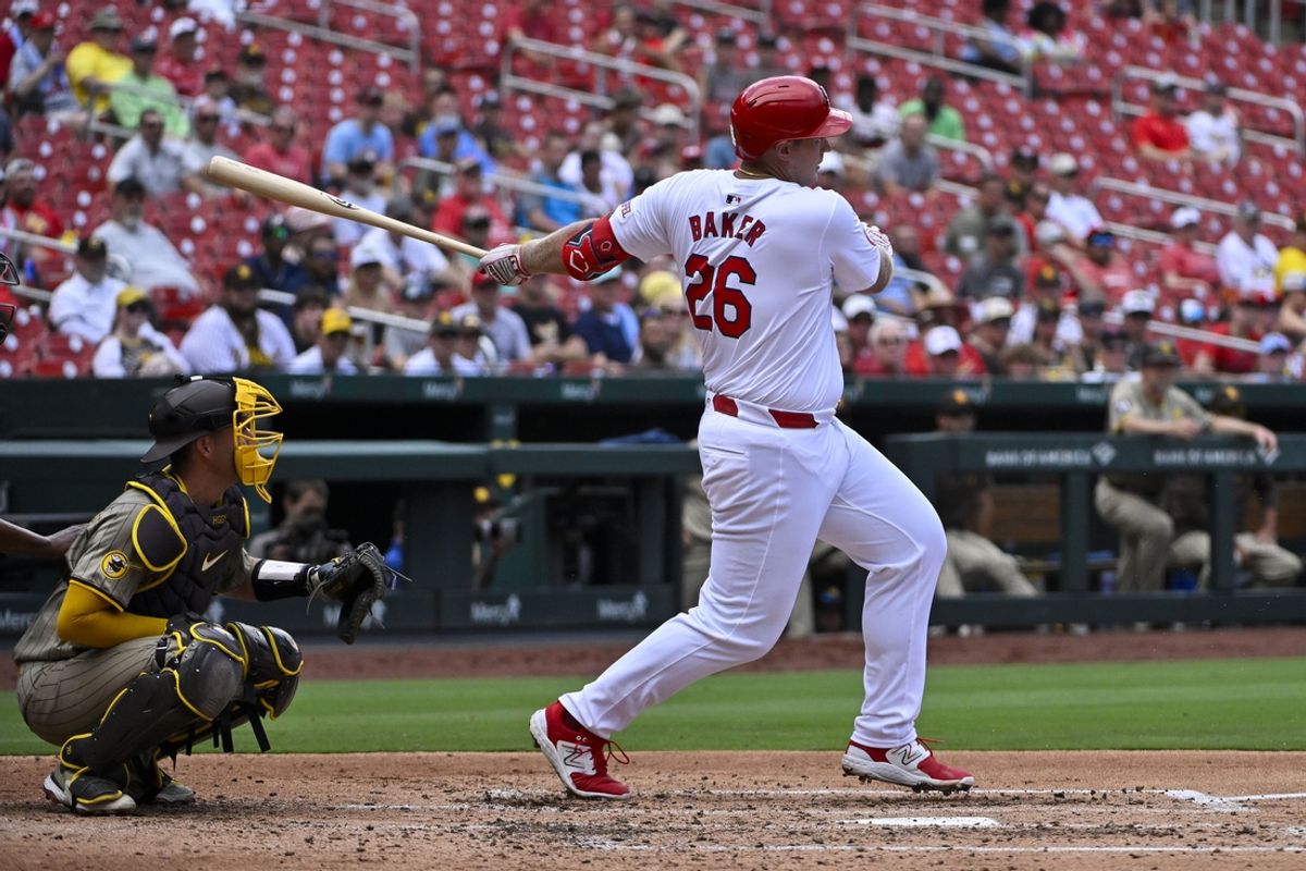 Aug 29, 2024; St. Louis, Missouri, USA;  St. Louis Cardinals designated hitter Luken Baker (26) drives in a run as he ground out against the San Diego Padres during the third inning at Busch Stadium. Mandatory Credit: Jeff Curry-USA TODAY Sports