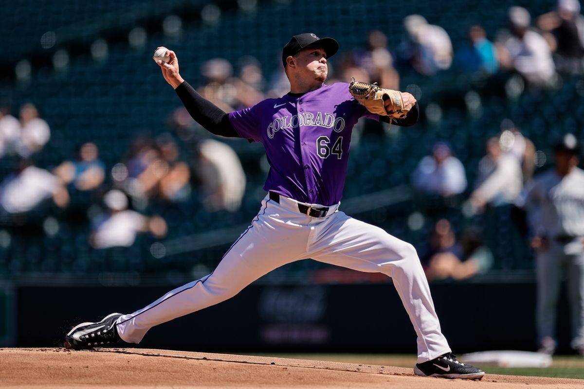 Aug 29, 2024; Denver, Colorado, USA; Colorado Rockies starting pitcher Bradley Blalock (64) pitches in the first inning against the Miami Marlins at Coors Field. Mandatory Credit: Isaiah J. Downing-Imagn Images