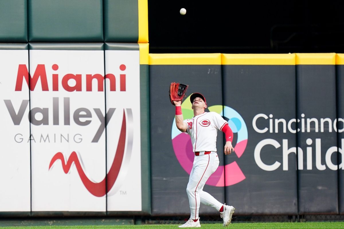 Cincinnati Reds center fielder TJ Friedl (29) catches a ball during the fourth inning of the MLB game between the Cincinnati Reds and Oakland Athletics, Thursday, Aug. 29, 2024, at Cintas Center in Cincinnati.