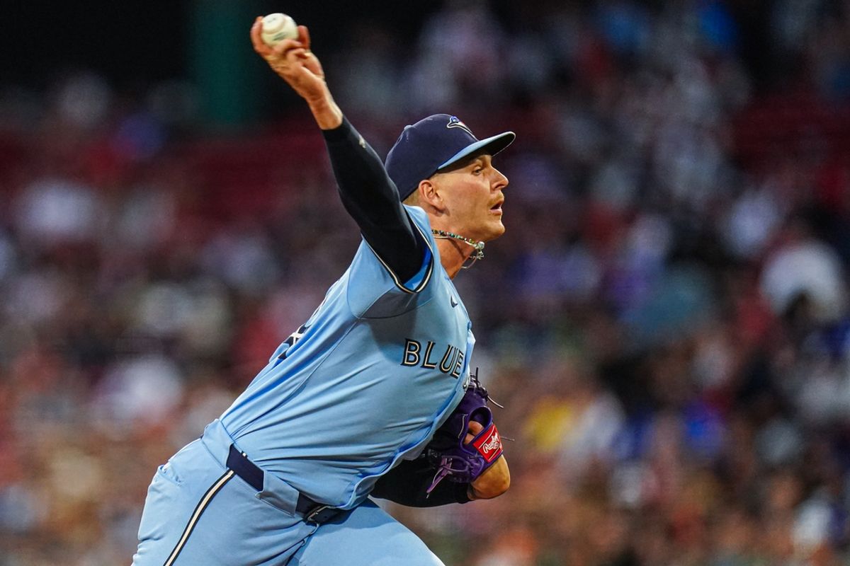 Aug 29, 2024; Boston, Massachusetts, USA; Toronto Blue Jays starting pitcher Bowden Francis (44) throws a pitch against the Boston Red Sox in the first inning at Fenway Park. Mandatory Credit: David Butler II-Imagn Images