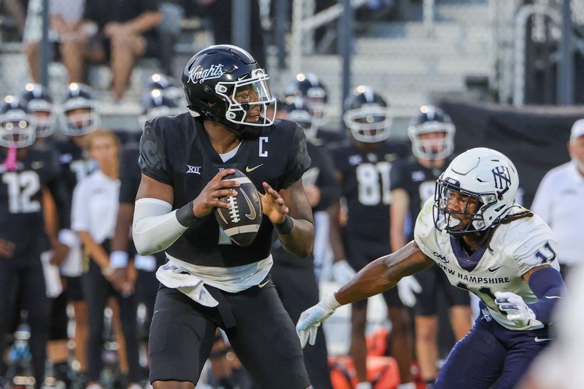 Aug 29, 2024; Orlando, Florida, USA; UCF Knights quarterback KJ Jefferson (1) looks to pass during the first quarter against the New Hampshire Wildcats at FBC Mortgage Stadium. Mandatory Credit: Mike Watters-USA TODAY Sports