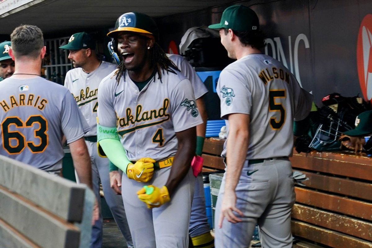 Oakland Athletics right fielder Lawrence Butler (4) reacts after hitting his second home run of the game during the ninth inning of the MLB game between the Cincinnati Reds and Oakland Athletics, Thursday, Aug. 29, 2024, at Cintas Center in Cincinnati. The Reds won 10-9.
