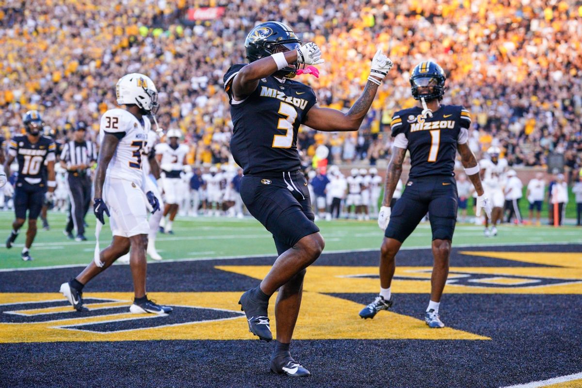 Aug 29, 2024; Columbia, Missouri, USA; Missouri Tigers wide receiver Luther Burden III (3) celebrates after scoring against the Murray State Racers during the first half at Faurot Field at Memorial Stadium. Mandatory Credit: Denny Medley-USA TODAY Sports