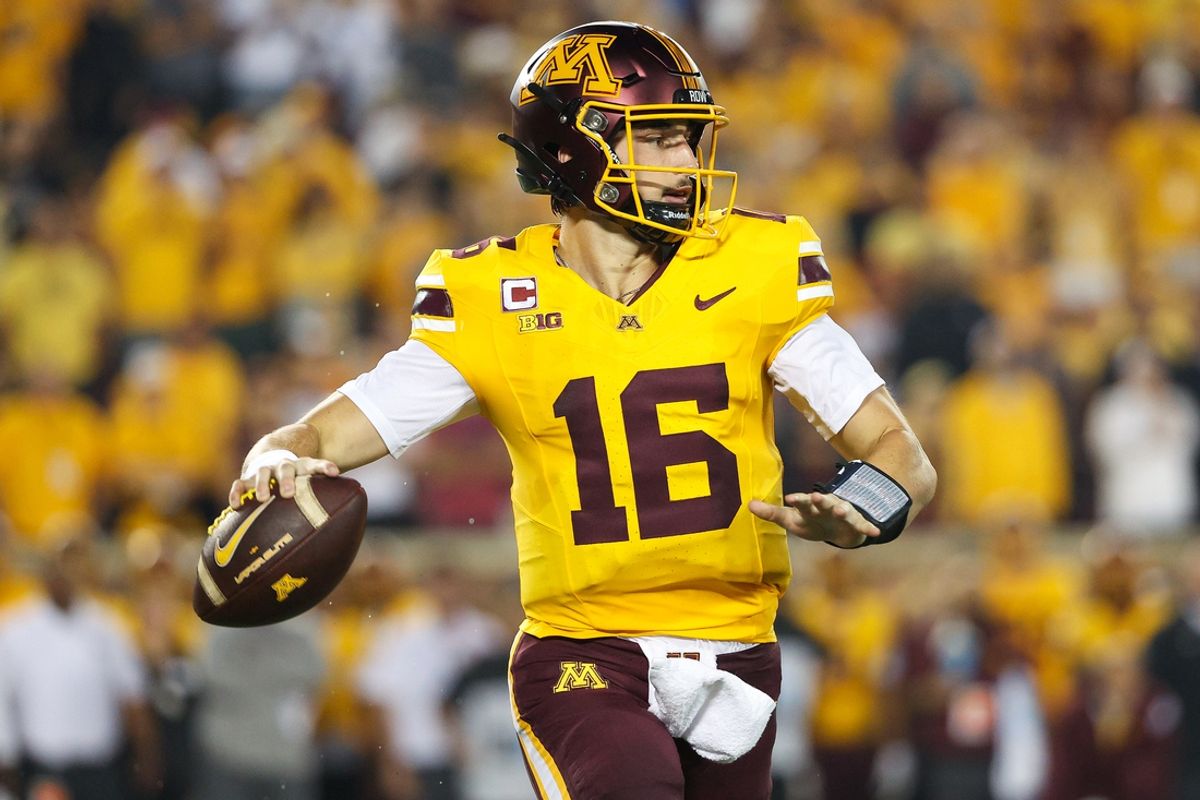 Aug 29, 2024; Minneapolis, Minnesota, USA; Minnesota Golden Gophers quarterback Max Brosmer (16) throws the ball against the North Carolina Tar Heels during the first half at Huntington Bank Stadium. Mandatory Credit: Matt Krohn-Imagn Images