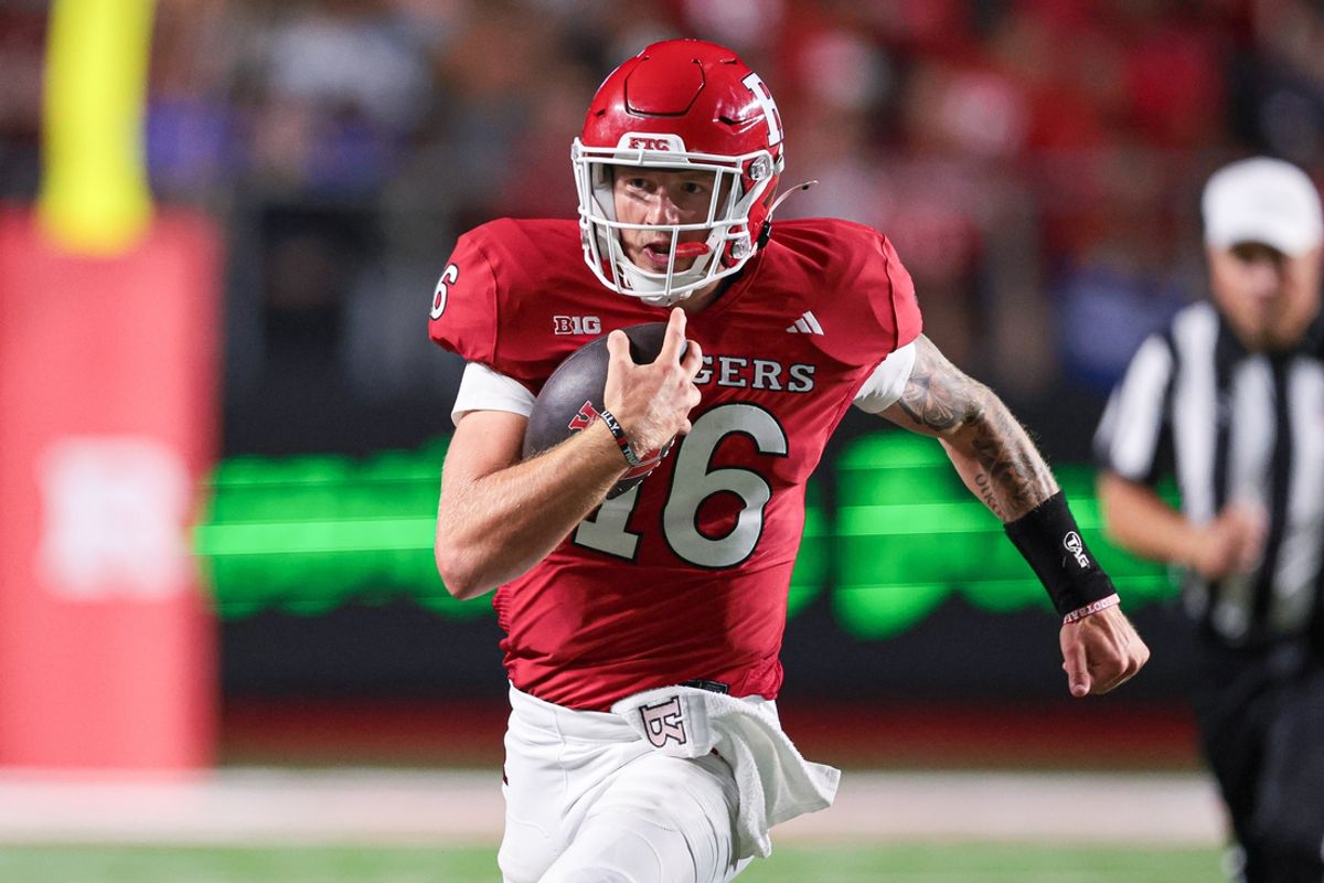 Aug 29, 2024; Piscataway, New Jersey, USA;  Rutgers Scarlet Knights quarterback Athan Kaliakmanis (16) carries the ball against the Howard Bison during the second half at SHI Stadium. Mandatory Credit: Vincent Carchietta-USA TODAY Sports
