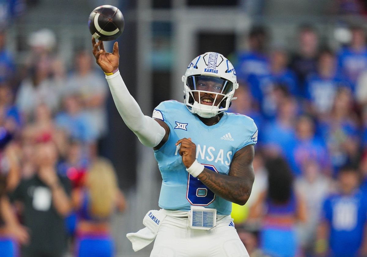 Aug 29, 2024; Kansas City, Kansas, USA; Kansas Jayhawks quarterback Jalon Daniels (6) throws a pass during the first half against the Lindenwood Lions at Children's Mercy Park. Mandatory Credit: Jay Biggerstaff-Imagn Images