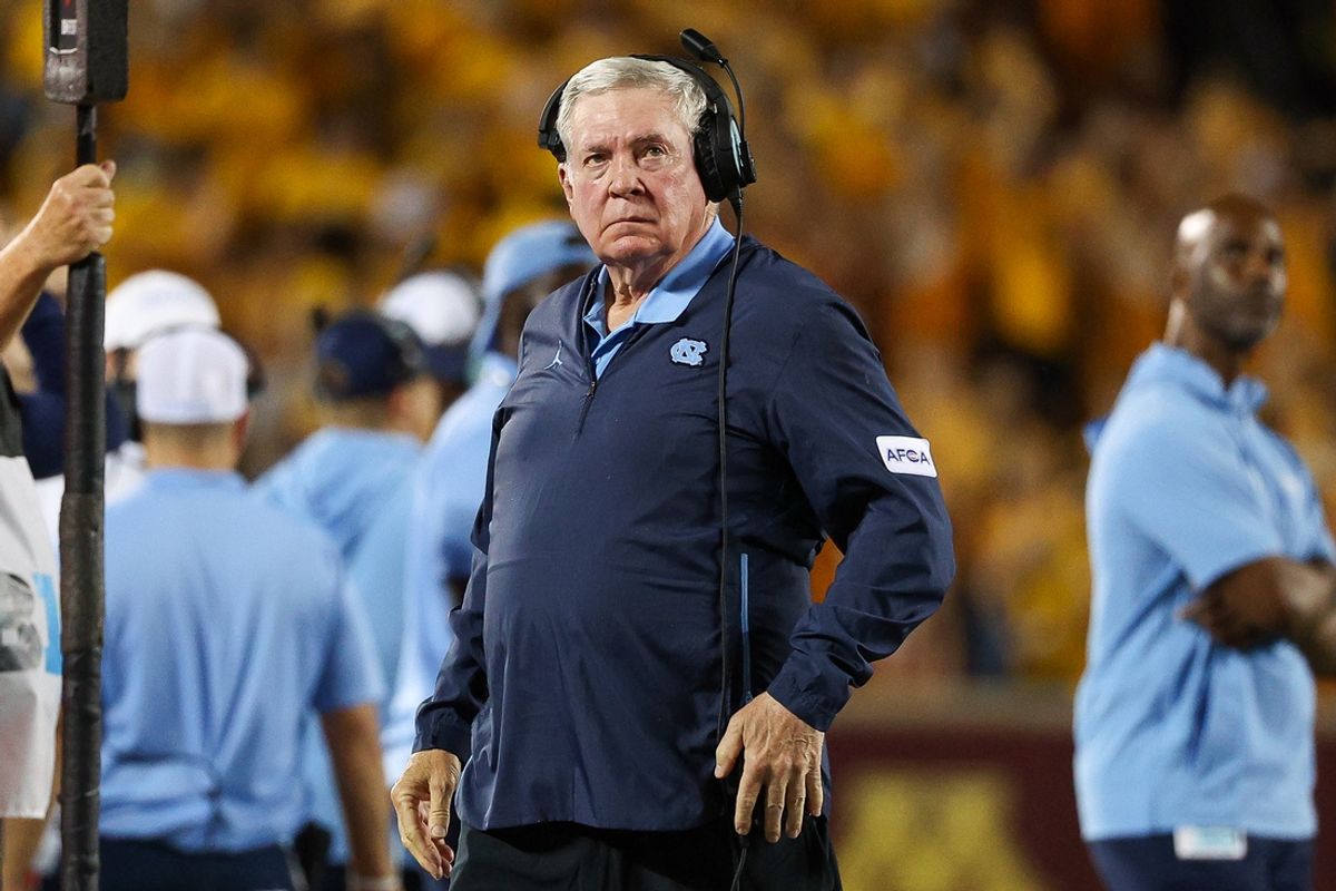 Aug 29, 2024; Minneapolis, Minnesota, USA; North Carolina Tar Heels head coach Mack Brown looks on during the first half against the Minnesota Golden Gophers at Huntington Bank Stadium. Mandatory Credit: Matt Krohn-Imagn Images