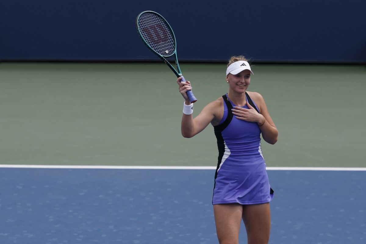 Aug 29, 2024; Flushing, NY, USA; Ashlyn Krueger (USA) celebrates after her match against Mirra Andreeva (not pictured) in a women's singles match on day four of the 2024 U.S. Open tennis tournament at Billie Jean King National Tennis Center. Mandatory Credit: Geoff Burke-Imagn Images