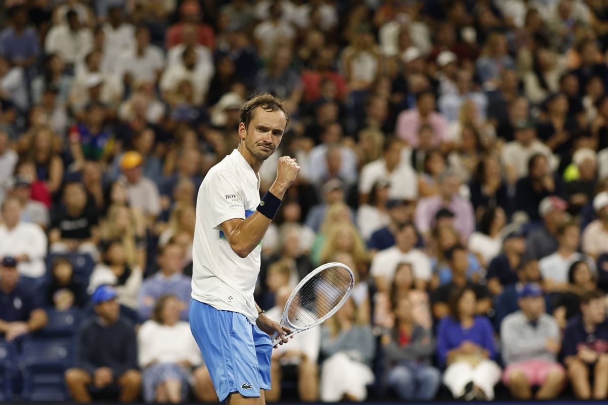 Aug 29, 2024; Flushing, NY, USA; Daniil Medvedev reacts after winning a game against Fabian Marozsan (HUN)(not pictured) in a men's singles match on day four of the 2024 U.S. Open tennis tournament at Billie Jean King National Tennis Center. Mandatory Credit: Geoff Burke-Imagn Images