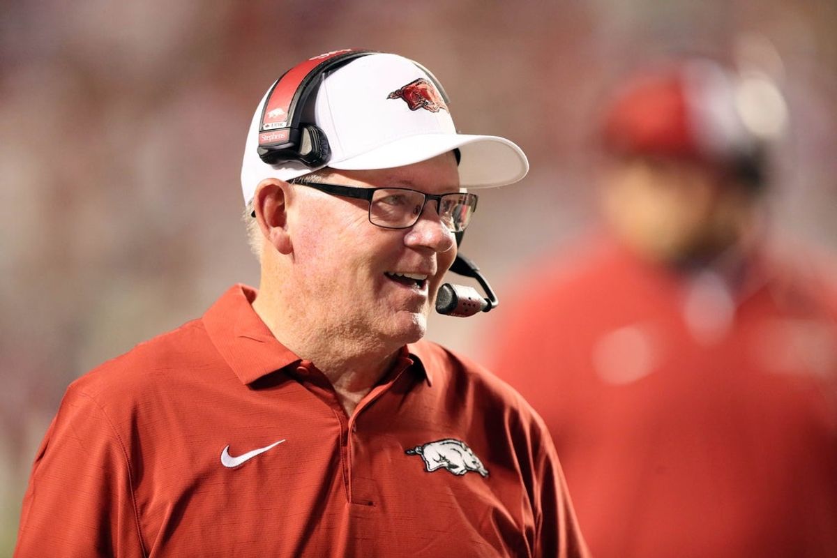 Aug 29, 2024; Little Rock, Arkansas, USA; Arkansas Razorbacks offensive coordinator Bobby Petrino during the second half against the Pine Bluff Golden Lions at War Memorial Stadium. Arkansas won 70-0. Mandatory Credit: Nelson Chenault-Imagn Images