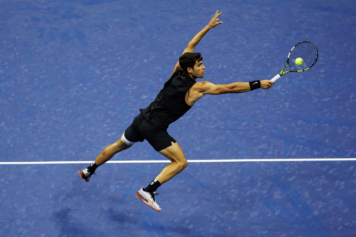 Aug 29, 2024; Flushing, NY, USA; Carlos Alcaraz of Spain in action against Botic van de Zandschulp of the Netherlands on day four of the 2024 U.S. Open tennis tournament at the USTA Billie Jean King National Tennis Center. Mandatory Credit: Mike Frey-Imagn Images