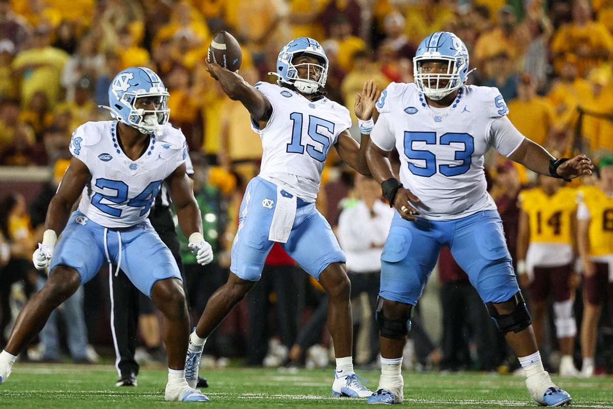 Aug 29, 2024; Minneapolis, Minnesota, USA; North Carolina Tar Heels quarterback Conner Harrell (15) throws the ball against the Minnesota Golden Gophers during the second half at Huntington Bank Stadium. Mandatory Credit: Matt Krohn-Imagn Images