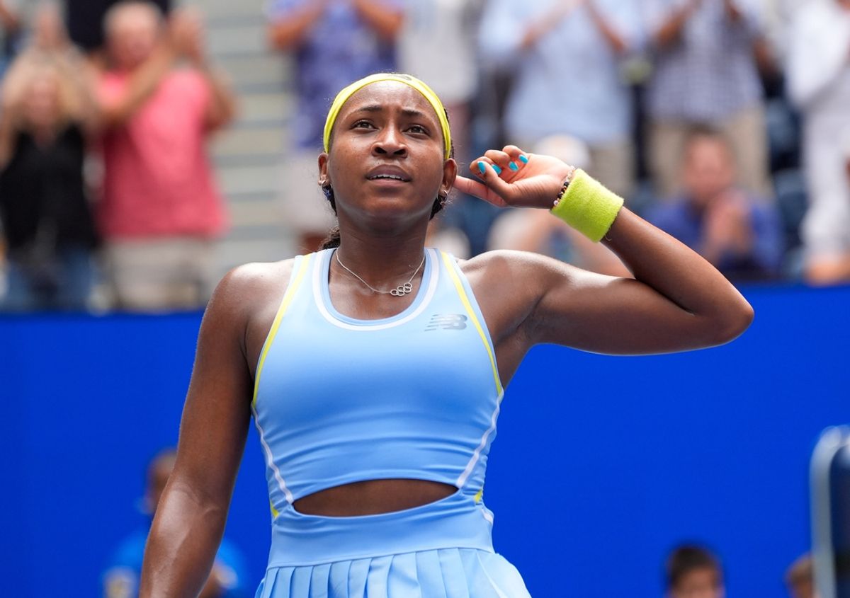 Aug 30, 2024; Flushing, NY, USA;  Coco Gauff (USA) after beating Elina Svitolina (UKR) on day five of the 2024 U.S. Open tennis tournament at USTA Billie Jean King National Tennis Center. Mandatory Credit: Robert Deutsch-USA TODAY Sports