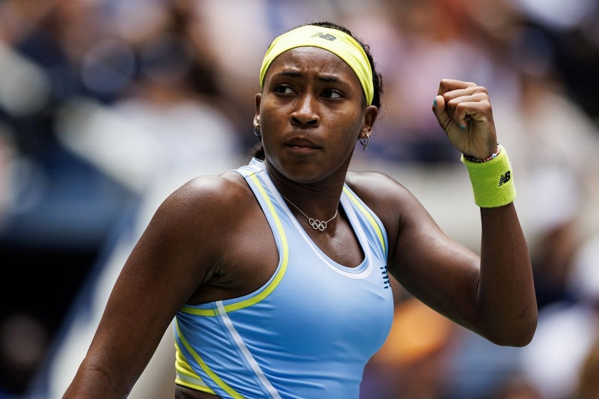 Aug 30, 2024; Flushing, NY, USA; Coco Gauff of the United States reacts against Elina Svitolina of Ukraine on day five of the 2024 U.S. Open tennis tournament at the USTA Billie Jean King National Tennis Center. Mandatory Credit: Mike Frey-Imagn Images