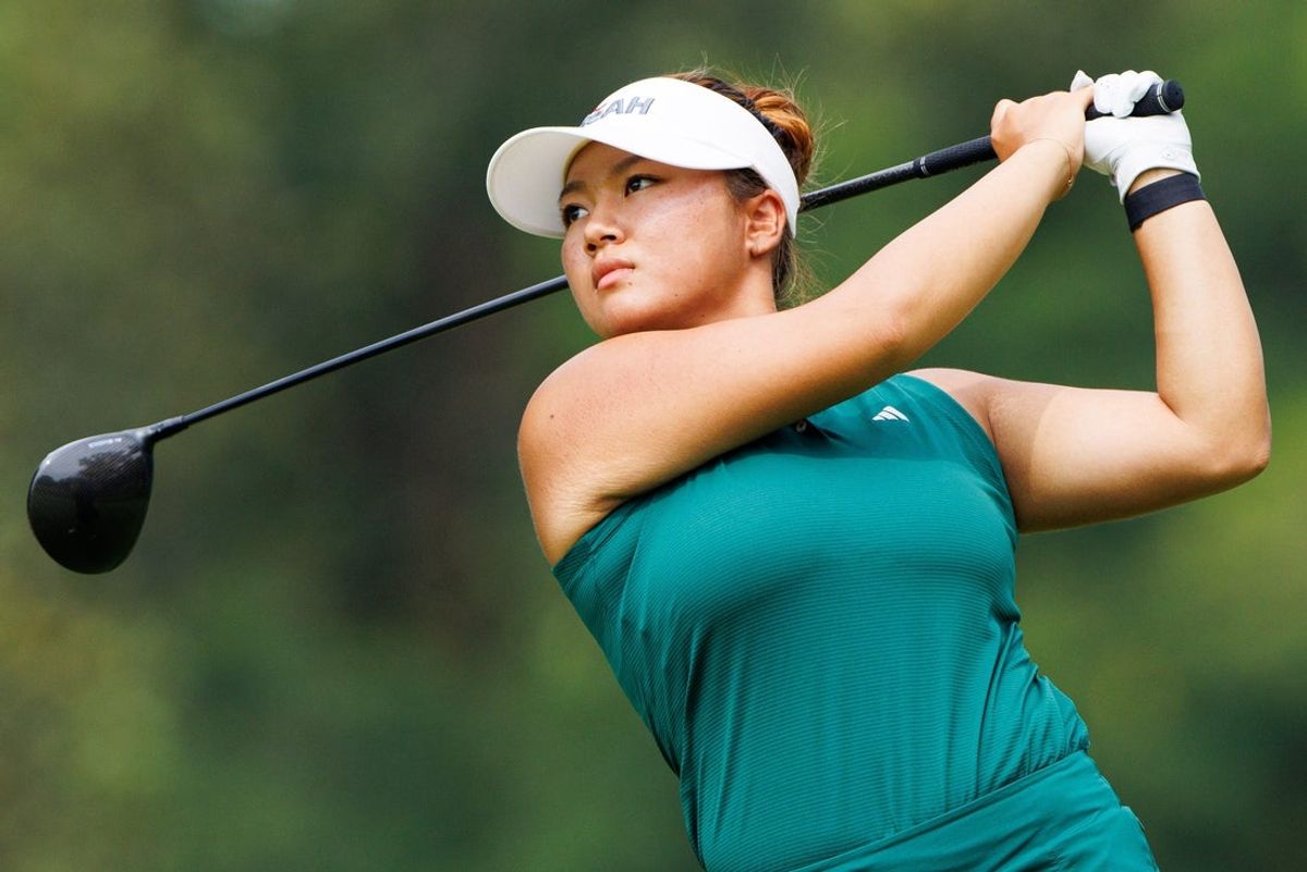 Soo Bin Joo takes her tee shot for the 8th hole during the first round of the Epson Tour's Four Winds Invitational at South Bend Country Club on Friday, Aug. 30, 2024, in South Bend.