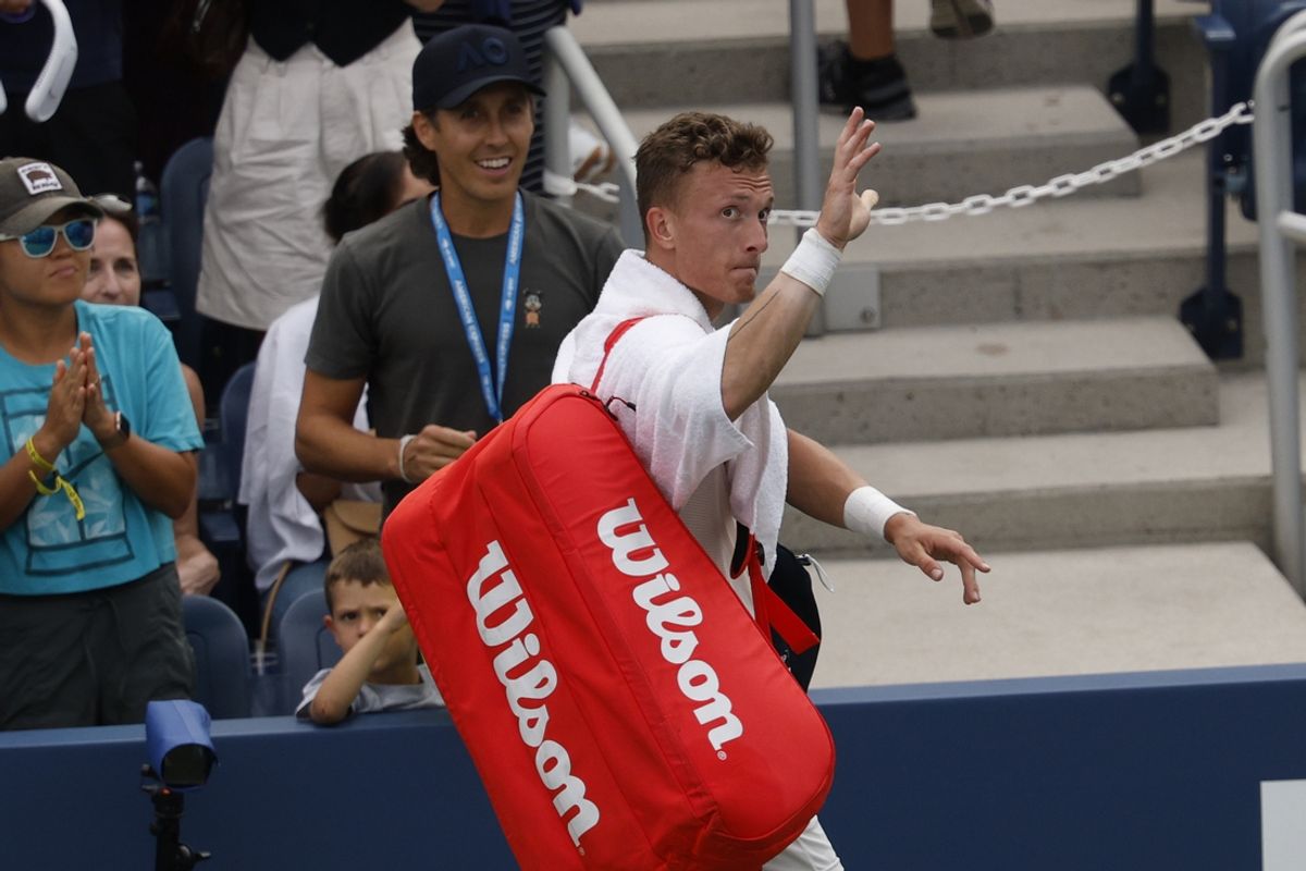 Aug 30, 2024; Flushing, NY, USA; Jiri Lehecka (CZE) waves to fans while leaving the court after his match against Andrey Rublev (not pictured) in a men's singles match on day five of the 2024 U.S. Open tennis tournament at Billie Jean King USTA National Tennis Center. Mandatory Credit: Geoff Burke-Imagn Images