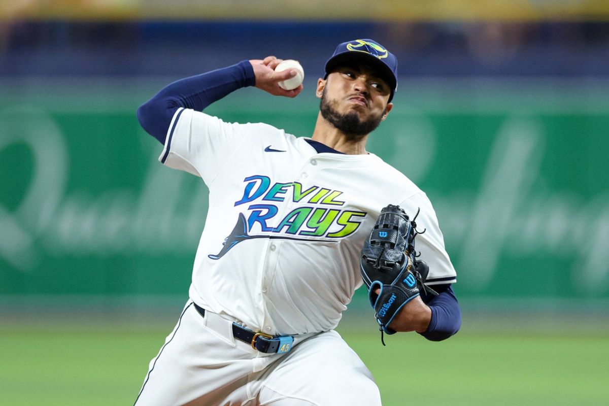 Aug 30, 2024; St. Petersburg, Florida, USA; Tampa Bay Rays pitcher Taj Bradley (45) throws a pitch against the San Diego Padres in the second inning at Tropicana Field. Mandatory Credit: Nathan Ray Seebeck-Imagn Images