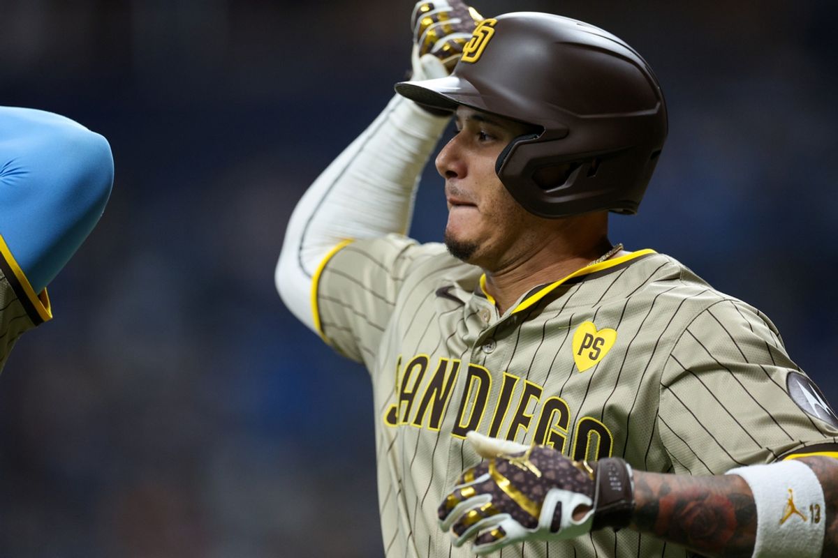 Aug 30, 2024; St. Petersburg, Florida, USA; San Diego Padres designated hitter Manny Machado (13)celebrates after hitting a three run home run against the Tampa Bay Rays in the second inning at Tropicana Field. Mandatory Credit: Nathan Ray Seebeck-USA TODAY Sports