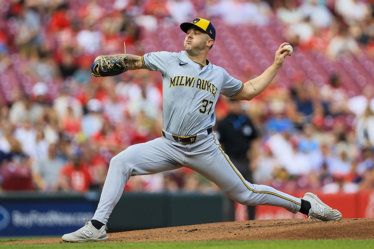 Aug 30, 2024; Cincinnati, Ohio, USA; Milwaukee Brewers starting pitcher DL Hall (37) pitches against the Cincinnati Reds in the first inning at Great American Ball Park. Mandatory Credit: Katie Stratman-USA TODAY Sports