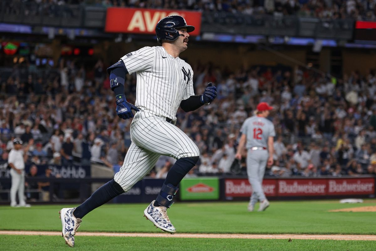 Aug 30, 2024; Bronx, New York, USA; New York Yankees catcher Austin Wells (28) hits a two run home run during the third inning against St. Louis Cardinals starting pitcher Erick Fedde (12) at Yankee Stadium. Mandatory Credit: Vincent Carchietta-USA TODAY Sports