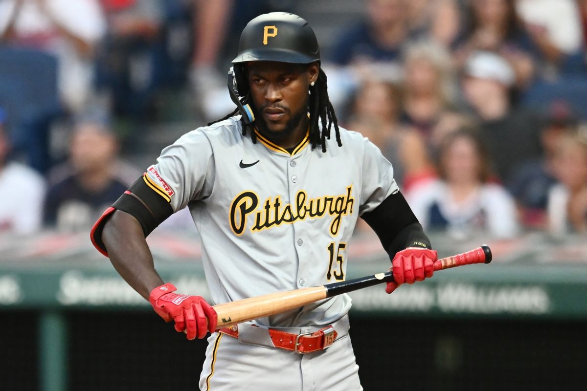 Aug 30, 2024; Cleveland, Ohio, USA; Pittsburgh Pirates center fielder Oneil Cruz (15) reacts after striking out during the third inning against the Cleveland Guardians at Progressive Field. Mandatory Credit: Ken Blaze-Imagn Images