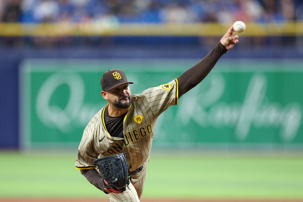 Aug 30, 2024; St. Petersburg, Florida, USA; San Diego Padres pitcher Martin Perez (54) throws a pitch against the Tampa Bay Rays in the second inning at Tropicana Field. Mandatory Credit: Nathan Ray Seebeck-Imagn Images