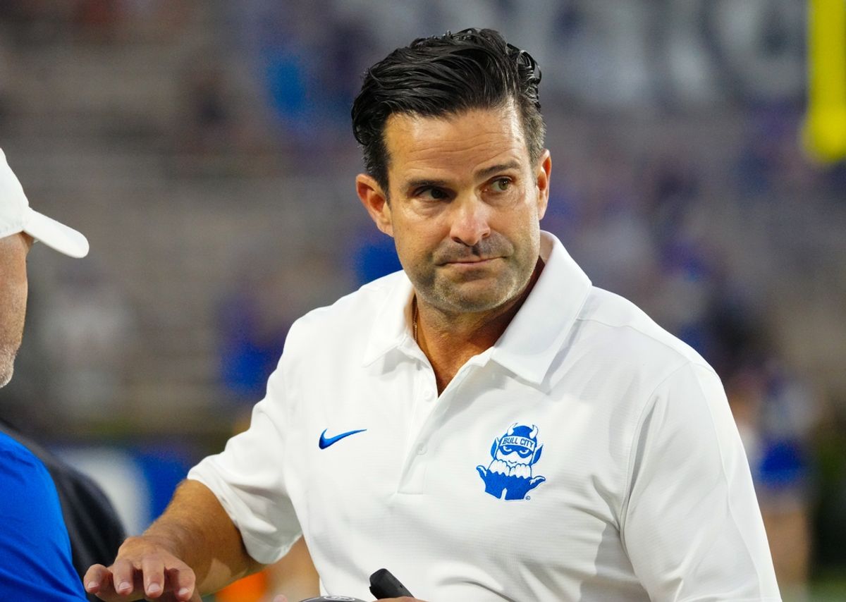 Aug 30, 2024; Durham, North Carolina, USA;  Duke Blue Devils head coach Manny Diaz looks on against the Elon Phoenix during the first half at Wallace Wade Stadium. Mandatory Credit: James Guillory-Imagn Images