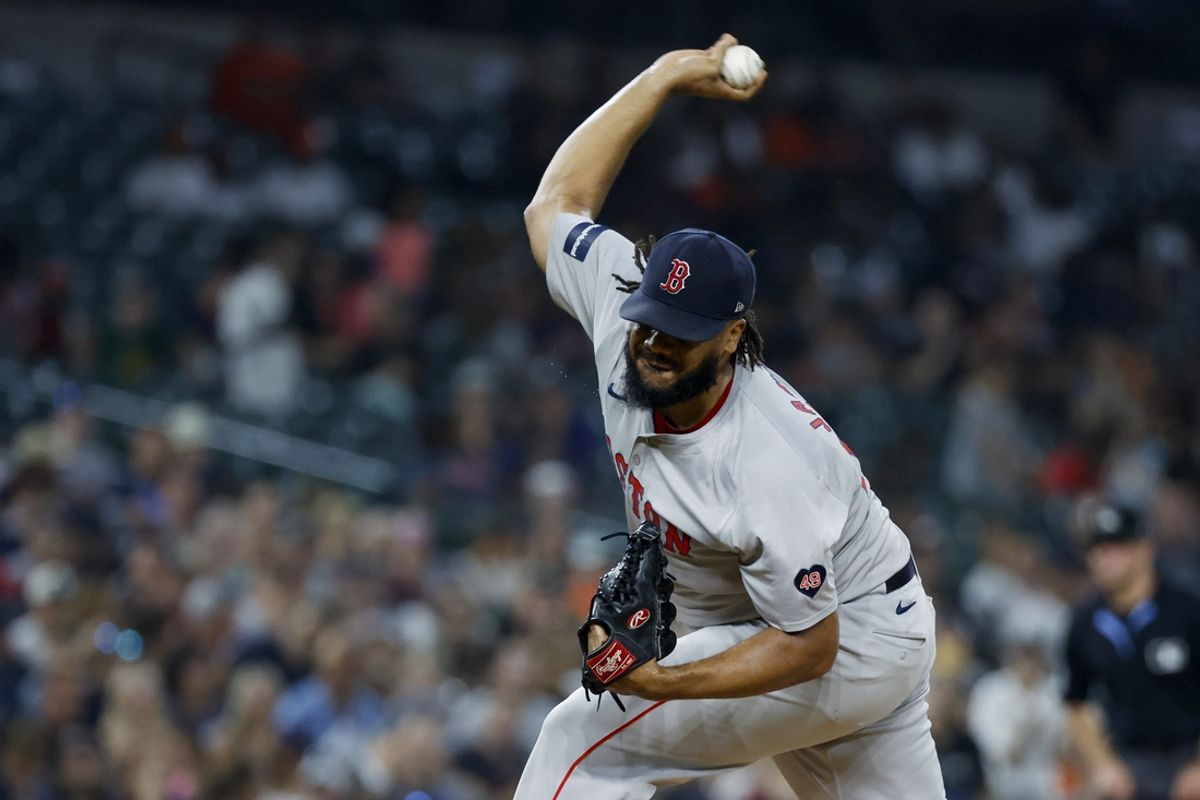 Aug 30, 2024; Detroit, Michigan, USA;  Boston Red Sox pitcher Kenley Jansen (74) pitches against the Detroit Tigers at Comerica Park. Mandatory Credit: Rick Osentoski-Imagn Images