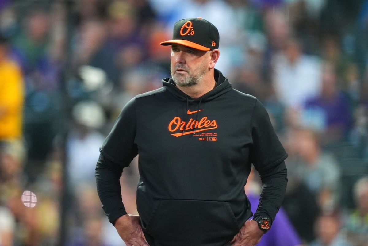 Aug 30, 2024; Denver, Colorado, USA; Baltimore Orioles manager Brandon Hyde (18) looks on during the fourth inning against the Colorado Rockies at Coors Field. Mandatory Credit: Ron Chenoy-Imagn Images