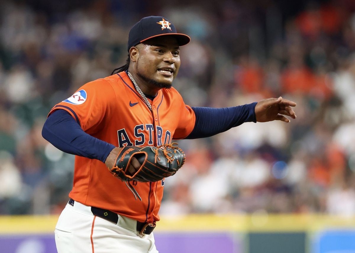 Aug 30, 2024; Houston, Texas, USA; Houston Astros starting pitcher Framber Valdez (59) reacts to a pitch against the Kansas City Royals in the seventh inning at Minute Maid Park. Mandatory Credit: Thomas Shea-USA TODAY Sports