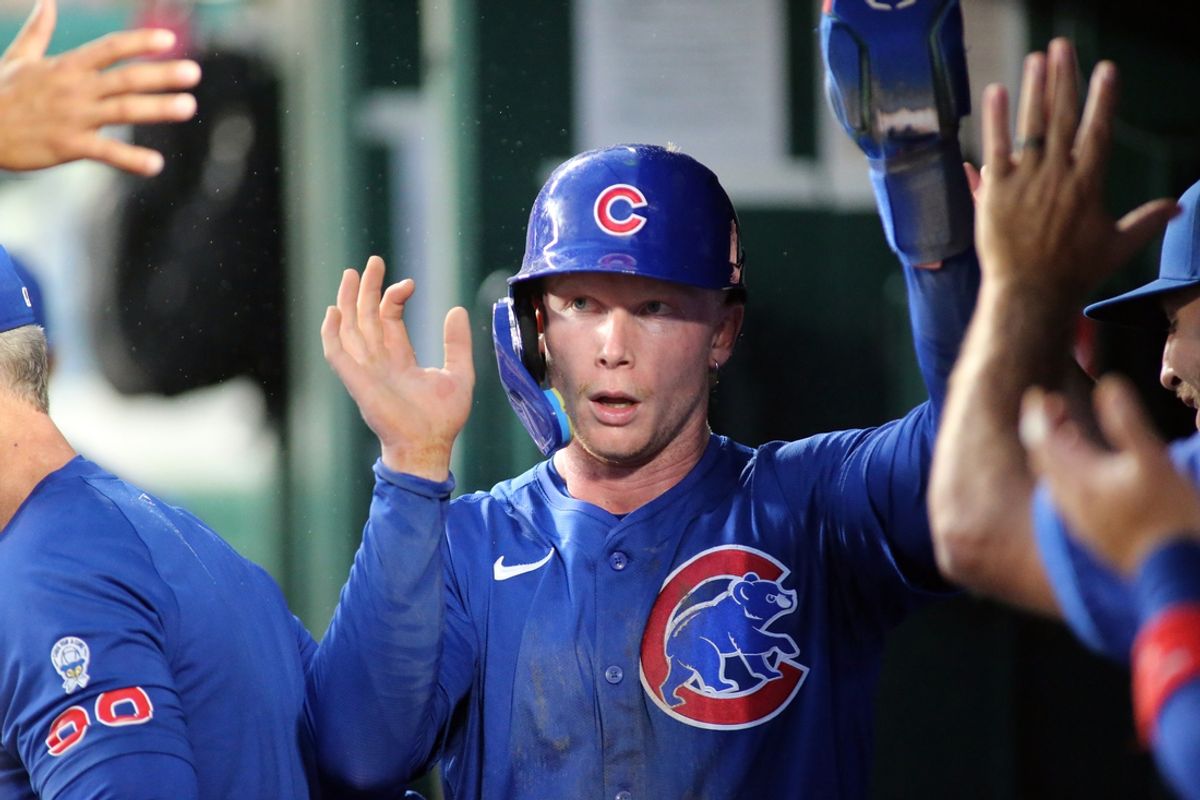 Aug 30, 2024; Washington, District of Columbia, USA; Chicago Cubs outfielder Pete Crow-Armstrong (52) celebrates with teammates after scoring a run during the second inning against the Washington Nationals at Nationals Park. Mandatory Credit: Daniel Kucin Jr.-USA TODAY Sports