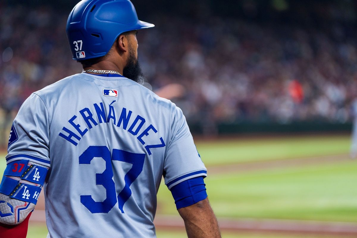 Aug 30, 2024; Phoenix, Arizona, USA;  Los Angeles Dodgers outfielder Teoscar Hernandez (37) watches open before his at bat in the first inning during a game against the Arizona Diamondbacks at Chase Field. Mandatory Credit: Allan Henry-Imagn Images