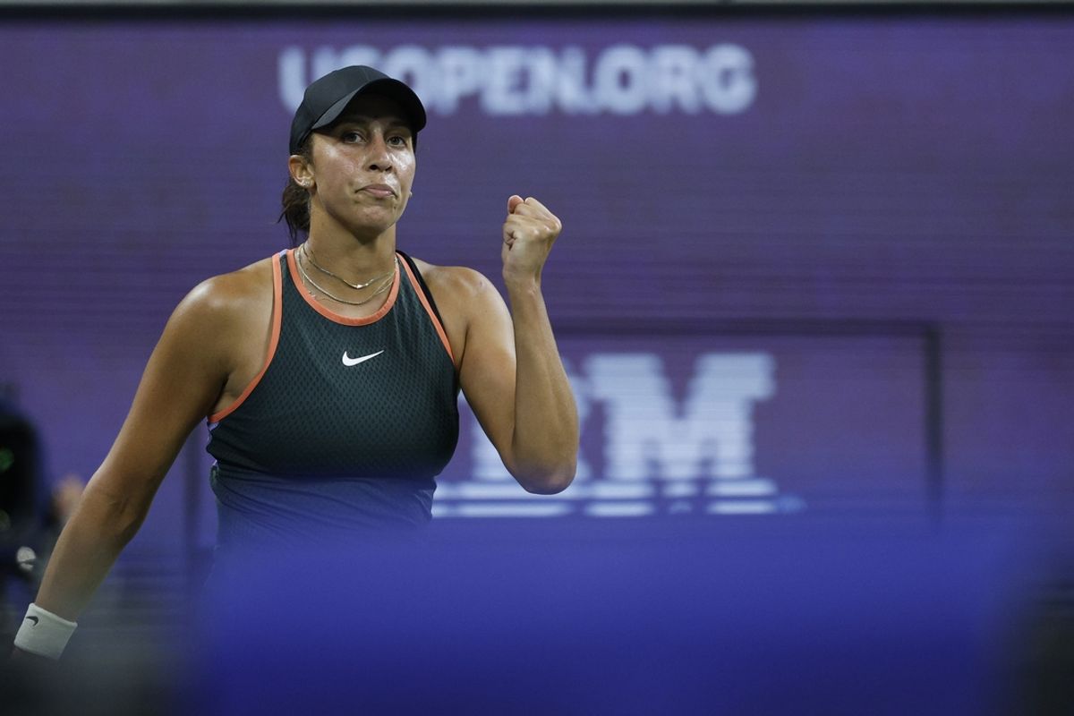 Aug 30, 2024; Flushing, NY, USA; Madison Keys (USA) reacts after winning a point against Elise Mertens (BEL)(not pictured) in a women's singles match on day five of the 2024 U.S. Open tennis tournament at Billie Jean King USTA National Tennis Center. Mandatory Credit: Geoff Burke-Imagn Images