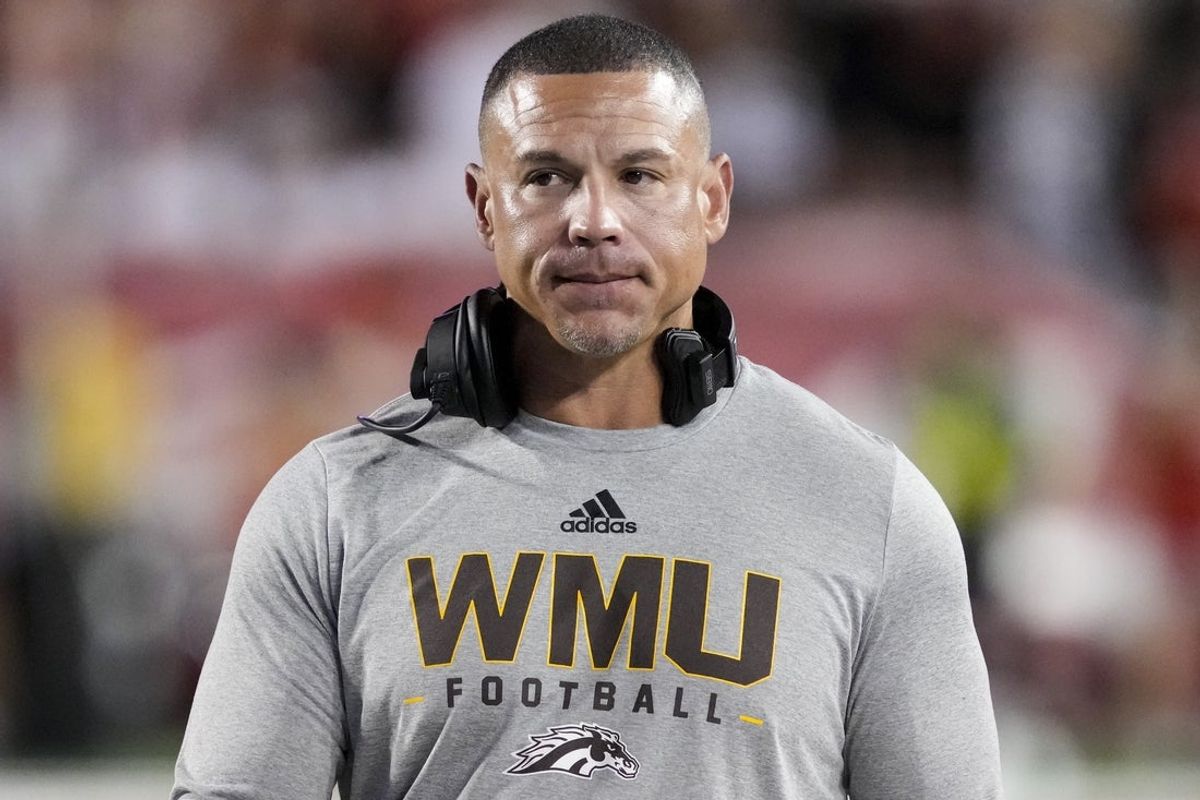 Aug 30, 2024; Madison, Wisconsin, USA;  Western Michigan Broncos head coach Lance Taylor looks on during the second quarter against the Wisconsin Badgers at Camp Randall Stadium. Mandatory Credit: Jeff Hanisch-Imagn Images