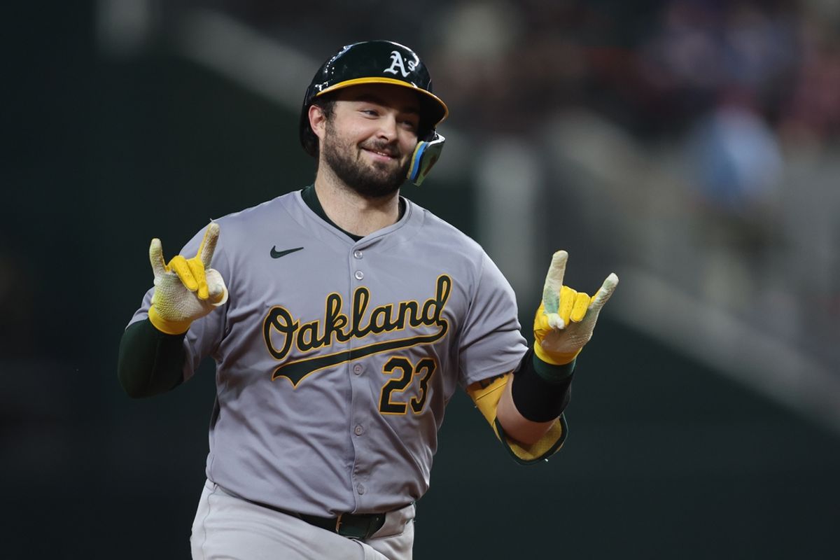 Aug 30, 2024; Arlington, Texas, USA; Oakland Athletics catcher Shea Langeliers (23) reacts as he rounds the bases after hitting a two home run against the Texas Rangers in the ninth inning at Globe Life Field. Mandatory Credit: Tim Heitman-USA TODAY Sports