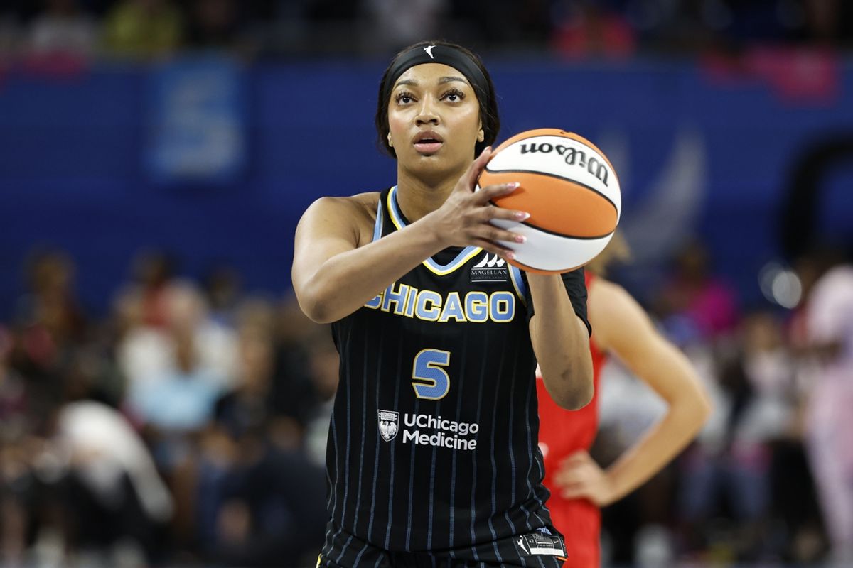 Aug 30, 2024; Chicago, Illinois, USA; Chicago Sky forward Angel Reese (5) shoots a free throw against the Indiana Fever during the second half at Wintrust Arena. Mandatory Credit: Kamil Krzaczynski-Imagn Images