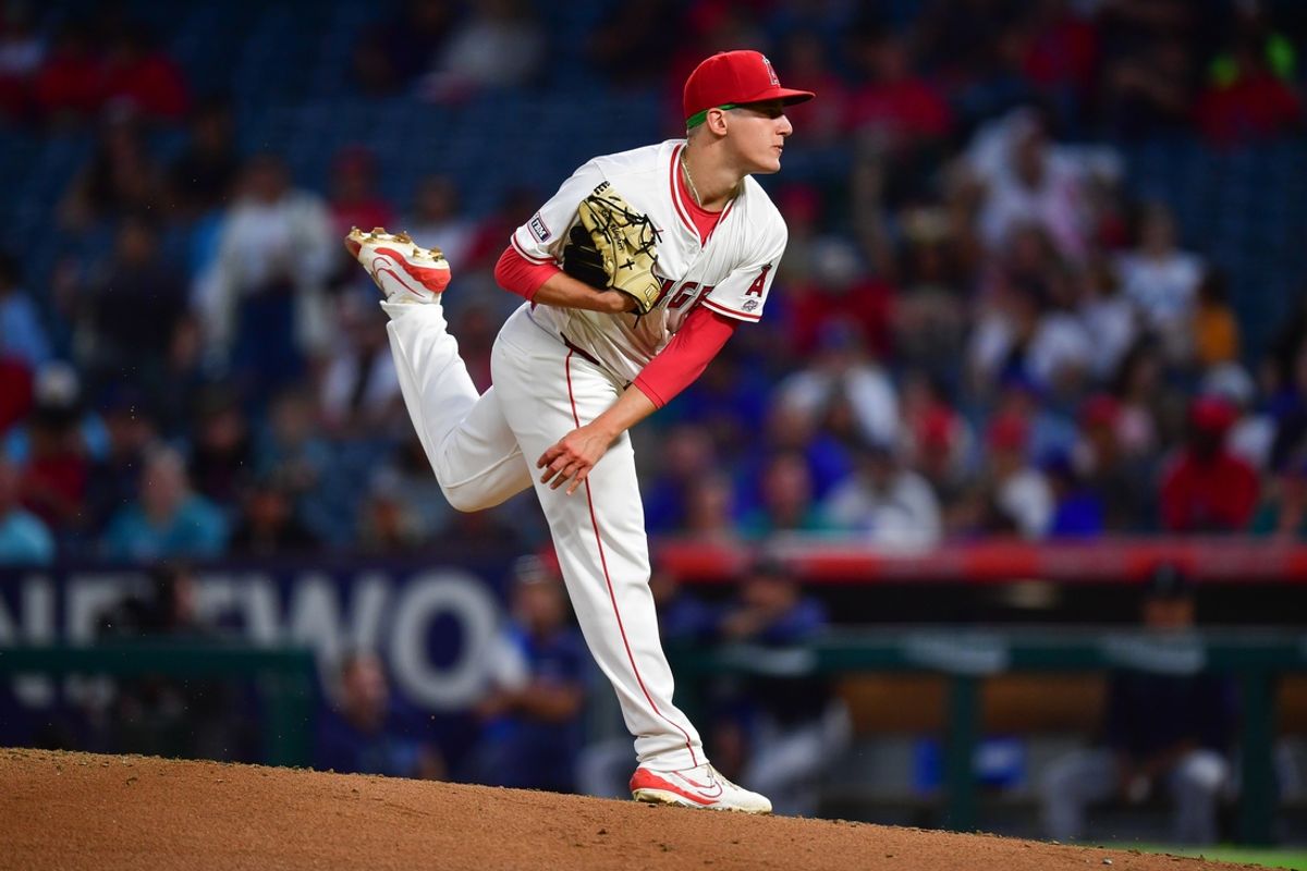 Aug 30, 2024; Anaheim, California, USA; Los Angeles Angels pitcher Samuel Aldegheri (66) throws against the Seattle Mariners during the fourth inning in his major league debut at Angel Stadium. Mandatory Credit: Gary A. Vasquez-Imagn Images