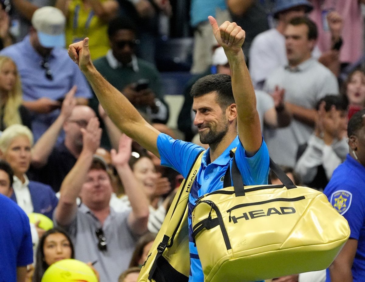 Aug 30, 2024; Flushing, NY, USA;  Novak Djokovic (SRB) after losing to Alexei Popyrin (AUS) on day five of the 2024 U.S. Open tennis tournament at USTA Billie Jean King National Tennis Center. Mandatory Credit: Robert Deutsch-Imagn Images