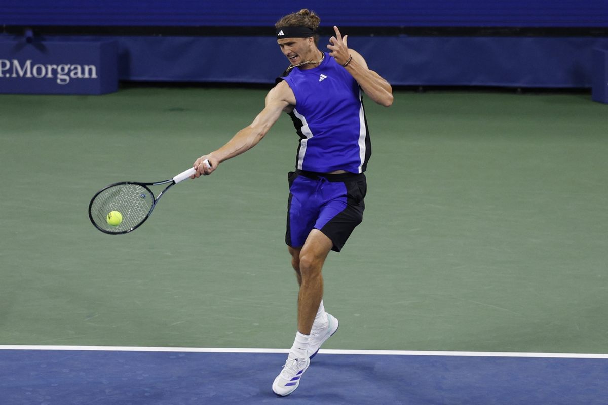 Aug 30, 2024; Flushing, NY, USA; Alexander Zverev (GER) hits a forehand against Tomas Martin Etcheverry (ARG)(not pictured) in a men's singles match on day five of the 2024 U.S. Open tennis tournament at Billie Jean King USTA National Tennis Center. Mandatory Credit: Geoff Burke-Imagn Images