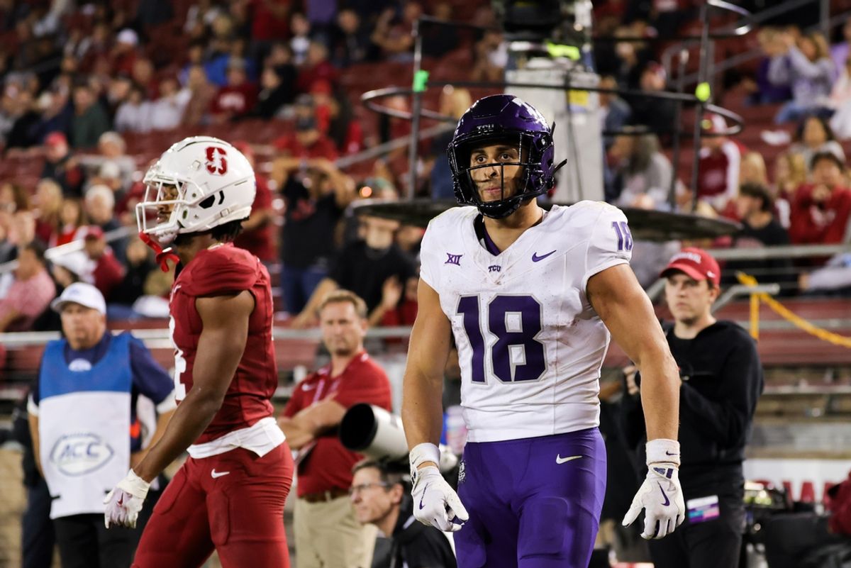Aug 30, 2024; Stanford, California, USA; TCU Horned Frogs wide receiver Jack Bech (18) scores a touchdown during the second half against the Stanford Cardinal at Stanford Stadium. Mandatory Credit: Sergio Estrada-Imagn Images