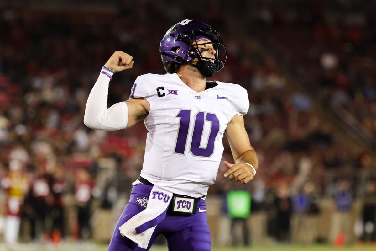 Aug 30, 2024; Stanford, California, USA; TCU Horned Frogs quarterback Josh Hoover (10) celebrates after a touchdown during the second half against the Stanford Cardinal at Stanford Stadium. Mandatory Credit: Sergio Estrada-Imagn Images
