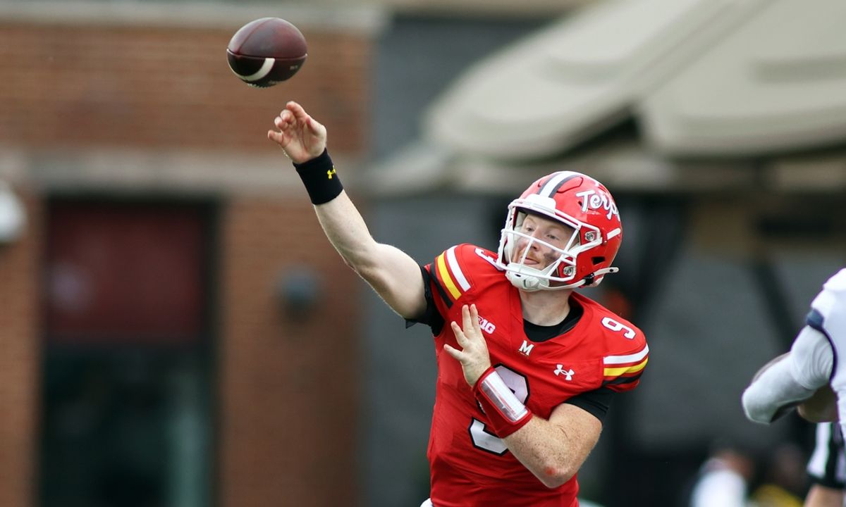 Aug 31, 2024; College Park, Maryland, USA; Maryland Terrapins quarterback Billy Edwards Jr. (9) delivers a pass during the second quarter against the Connecticut Huskies at SECU Stadium. Mandatory Credit: Daniel Kucin Jr.-USA TODAY Sports