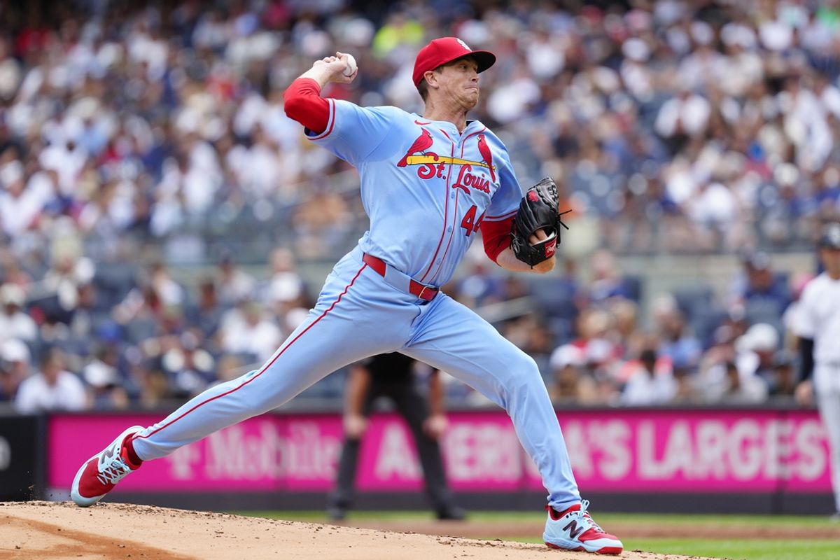 Aug 31, 2024; Bronx, New York, USA; St. Louis Cardinals pitcher Kyle Gibson (44) delivers a pitch against the New York Yankees during the first inning at Yankee Stadium. Mandatory Credit: Gregory Fisher-Imagn Images